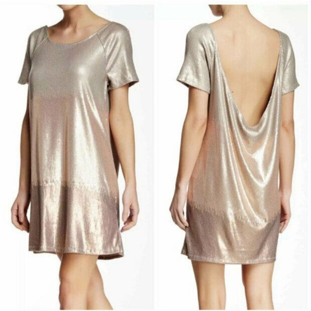 Free People Drenched in Sequins ombré metallic plunge back mini dress